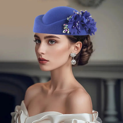 Vintage British Style Felt Turban Hat for Women, Floral Church Derby Headscarf & Soft Beret Headpiece