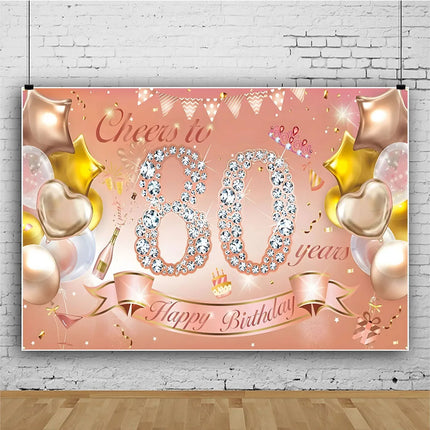 Rose Gold 80s Themed Banner Photography Background Cloth, Pink 80th Birthday Happy Party Decoration Photography Studio Backdrop