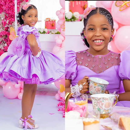Purple Ball Gown Flower Girl Dresses Customized Tulle Bow Back Children Birthday Party Gowns O Neck Kids Wedding Dress