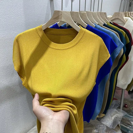 Women's T-shirt Summer O Neck Knitted Fashion Woman Blouse 2026 Short Sleeve Tees Solid Color Ice Silk Oversized T-shirt Women