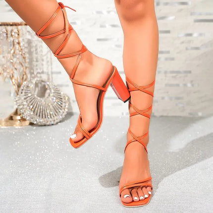 Women Lace Up Sandals Block Heel Strappy Cross Tie Ankle Wrap Square Open Toe Elegant Summer Casual Evening Party Footwear 2026