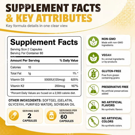 Googeer Vitamin D3 & K2 Capsules with Immune System Support and Bone Formation Support for Calcium Absorption, 120 Capsules