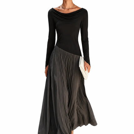 Women Draped Cowl Neck Long Sleeve Maxi Dress Asymmetrical Spliced Pleated Flowy Long Dress Elegant Cocktail Wedding Guest Formal Party Evening Dresses