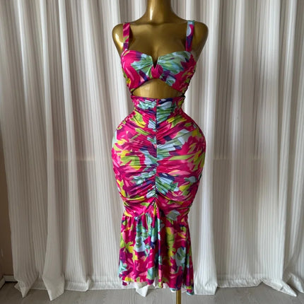CM.YAYA 2026 Women's Tropical Floral Print Cutout Ruched Ruffle Midi Dress Summer Elegant Birthday Party Club Cocktail Dresses