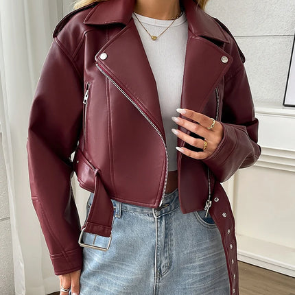 Ailegogo Spring Autumn Women Faux Pu Leather Short Jacket with Belt Motorcycle Biker Female Zipper Lapel Loose Coat Outwear