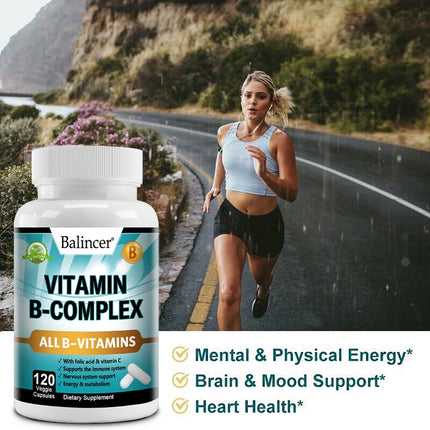 Vitamin B Complex Capsules with Vitamin C & Folic Acid, Antioxidant, Daily Energy Metabolism & Body Immune Wellness Support