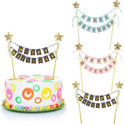 Happy Birthday Cake Flags DIY Gold Stars Bunting Banner Kids Adults Baking Decoration Baby Shower Party Supplies