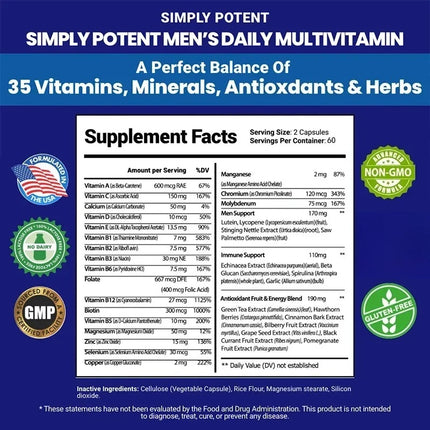 Daily Multivitamin for Men, for Prostate Energy Concentration Metabolism Immunity Vitamins: A C D E (B1 B2 B3 B5 B6 B7 B9 B12)