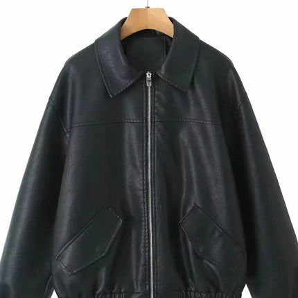 2026 Fashion Streetwear Women Retro Loose Black PU Faux Leather Jacket Spring Autumn Lady Vintage Zipper Coat Moto Biker Outwear