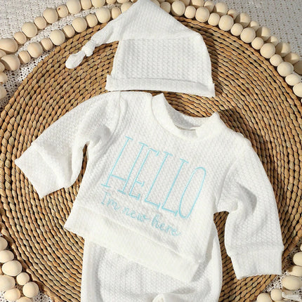 Ylsteed "Hello" Embroidery Newborn Photography Props Infant Romper Jumpsuit with Bow Hat Baby Coming Home Outfit Baby Photo Gift