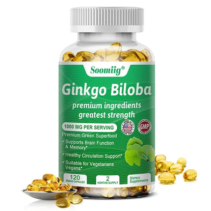 Soomiig Ginkgo Biloba Universal Brain Health Dietary Supplement, 1000 Mg, 120 Veggie Capsules - Improves Memory, Concentration