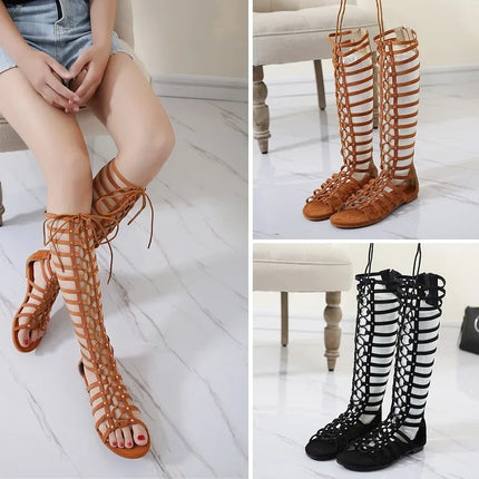Women Sandals Strappy Open toe Knee High Summer Gladiator Flat Sandals Roman Bandage Casual Boots shoeskf65