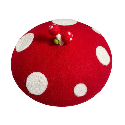 RH Ladies Cute Mushrooms Red Handmade Wool Felt Beret Creative Painter Hat Girls Birthday Gift Warm Cap For Autumn Winter