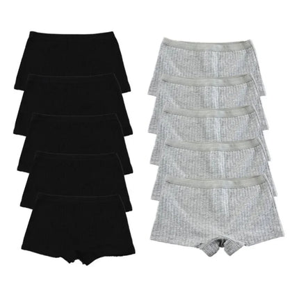 10PCS Women Boxers Underwear Ribbed Cotton Panties Sports Ladies Boyshorts Female Solid Color Cozy Lingerie Intimate