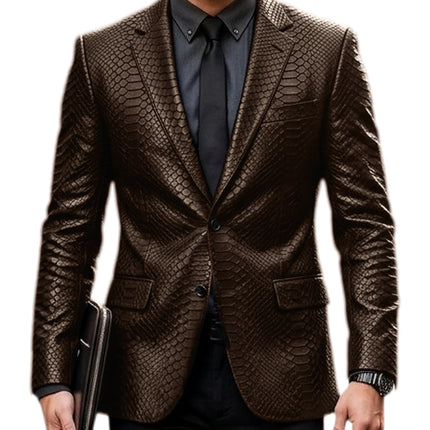 Men's Luxury Crocodile Pattern Leather Blazer Slim Fit Two Button Notch Lapel Suit Jacket Business Casual Wedding Tuxedo Dress
