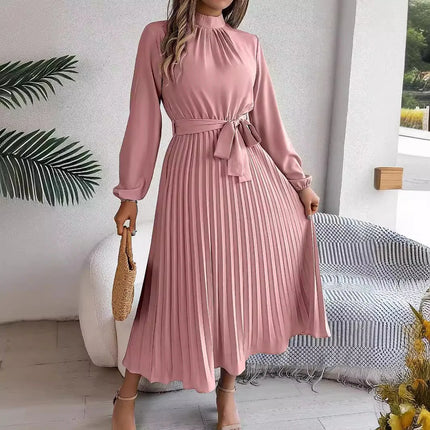 2025 Elegant Long Sleeve Fashion Dresses New Spring Women Belts Pleated Casual Solid Long Dress Casual A-Line Party Maxi Dresses