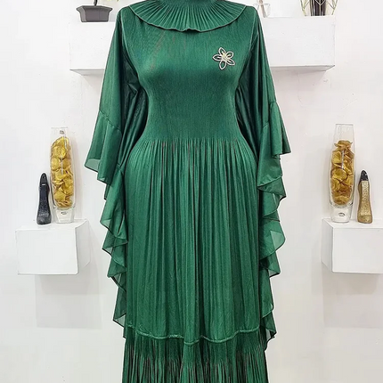 ANLAN 2024 Spring New Pleated Dress Fashion Lapel Ruffle Sleeves Solid Color Loose Dresses Elegant women's clothing 7AK30392