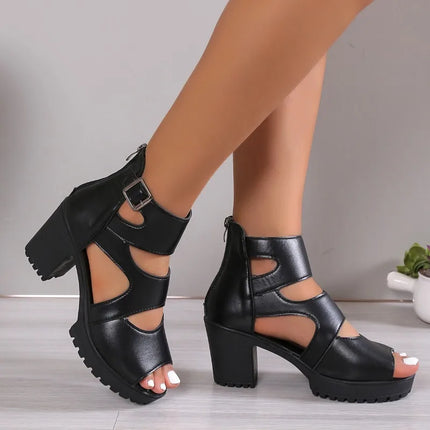 High Heel Sandals Female Sexy Black Square Buckle Chunky Heel Platform Shoes Summer Back Zipper Women Sandals Sandalias De Mujer