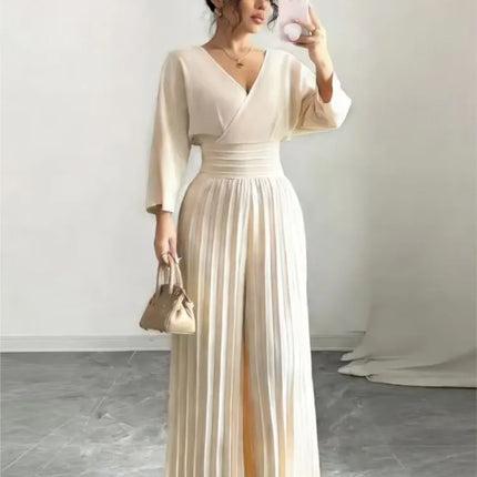 Women Spring Sexy Deep V-neck High-waisted Pleated Jumpsuit Fashion Solid Backless Slim Elegant Office Lady Wide-leg Jumpsuits