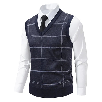 Men's V-neck Knitted Sweater Warm Autumn Winter Diamond Grid Twisted Flower Casual Fashion Versatile Knit Top