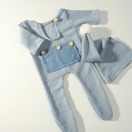 Ylsteed Newborn Photography Props Baby Bodysuits Outfit Shoot Newborn Photo Outfits Buttons Pocket Romper with Pom Sleepy Hat-HD