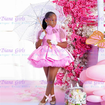 Customized Gorgeous Pink Flower Girl Dress Layered Wedding With  Decoration And Shiny Tulle Satin Tutu Birthday Evening Dress