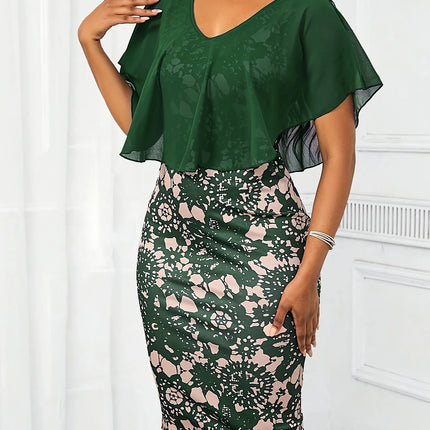 Women's Elegant V Neck Chiffon Ruffle Midi Dress Floral Print Bodycon Party Dress