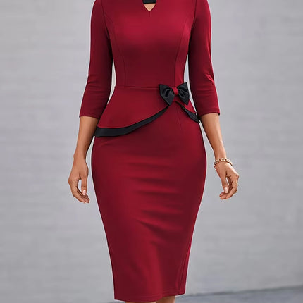 Elegant Women 3/4 Sleeve Round Neck Black Bow Knee Length Cocktail Party Pencil Bodycon Sheath Dress