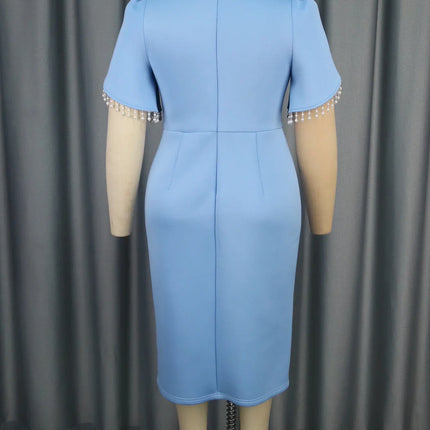 Blue Tassel Evening Gown Square Neck Short Sleeves Beaded Patchwork Wedding Women's Special Occasion Dress 2025 Spring New Style