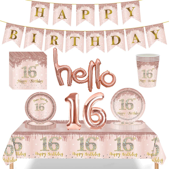 Rose Gold Sweet 16 Party Decoration Happy Birthday Plates Napkins Tablecloth Hello16 Balloon 16th Birthday Decorations for Girls