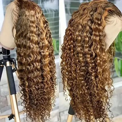 Glueless Pre Plucked Lace Front Human Hair Wigs 30 Inch 13x6 HD Ombre Highlight 4 27 Honey Blonde Deep Wave 250 Density Bouncy Hair For All Occasions