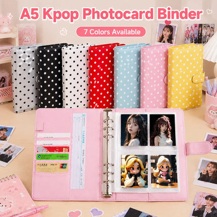 A5 6-Hole Loose Leaf Polka Dots Binder Photocards Collect Book Kpop Photo Albums Diary Agenda Planner Cover Cash Budget Storage