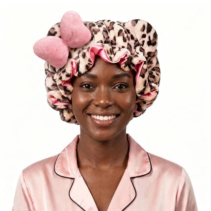 Leopard Print Teddy Plush Hair Bonnet with Big Bow, Satin Lined Soft Fluffy Night Sleep Cap, Adjustable Bear Ear Hair Wrap for W
