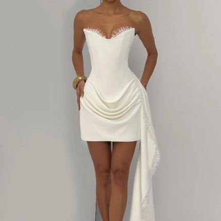 Women Lace Trim Patchwork Strapless Ribbon Bodycon Dress Sexy Ruched Pleated Backless Lace Up Short Dresses Evening Party Gowns
