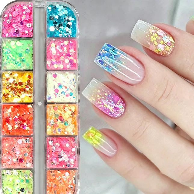 12 Grids Fluorescence Hexagon Nail Art Sequins Shiny Chameleon Iridescent Nail Glitter Powder Shimmery Flakes Nail Decoration