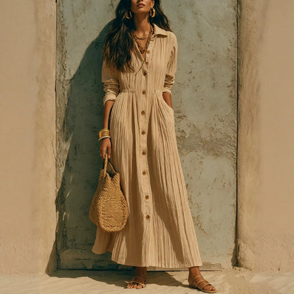 Women Crinkle Solid Maxi Dress Lapel Collar Button Cardigan Long Sleeve Pocket Flowy Dress Fall Beach Travel Casual A-Line Dress