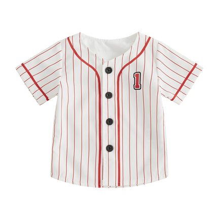 Baby Clothing Boy 1st Birthday Outfit Letter Stripe Button up Short Sleeve Baseball Jersey for Toddler Baby Summer Clothes