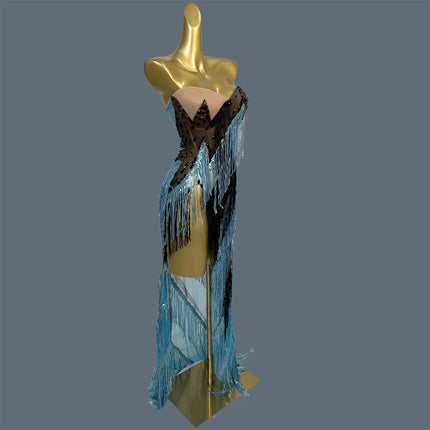 Women Black Blue Fringe Strapless Long Dress Nightclub Party Stage Performance Outfit High Slit Rhinestone Evening Gown Qinggao