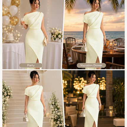Stretchy Soft Women Off Shoulder Midi Dress, Draped Ruched Asymmetrical Wrap Split Bodycon Dress, Elegant Cocktail Party Wedding Guest Evening Formal Dresses