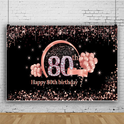 Rose Gold 80s Themed Banner Photography Background Cloth, Pink 80th Birthday Happy Party Decoration Photography Studio Backdrop