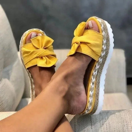 Women Bowknot Weave Sandals Wedge bottom Casual Daily Comfy no Slip vacation beach Slippers Elegant Summer Breathbale shoes