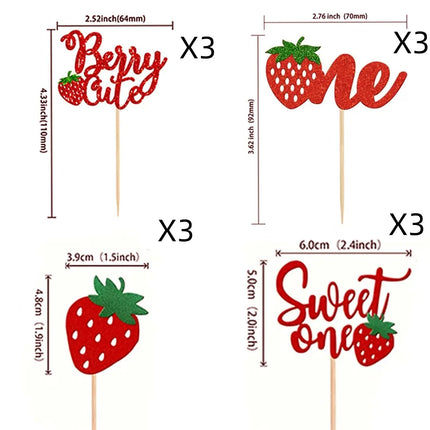 Strawberry Cake Topper Flags Happy Birthday Decoration Cupcake Toppers Kids 1st Birthday Party Baby Shower Cake Baking Decor