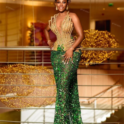Aso Ebi Gold Green Mermaid Evening Dresses 2025 Luxury Africa Women Customized Bead Glitter Sequin Wedding Party Dress Plus Size
