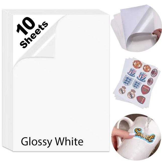 10pc A4 Waterproof Printable Vinyl Sticker Labels Glossy Sticker Printer Paper Self-Adhesive Film Decal for Inkjet Laser Printer