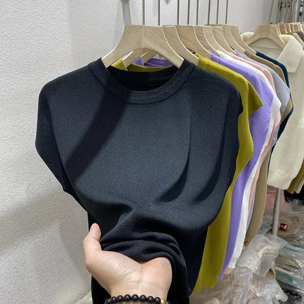 Women's T-shirt Summer O Neck Knitted Fashion Woman Blouse 2026 Short Sleeve Tees Solid Color Ice Silk Oversized T-shirt Women