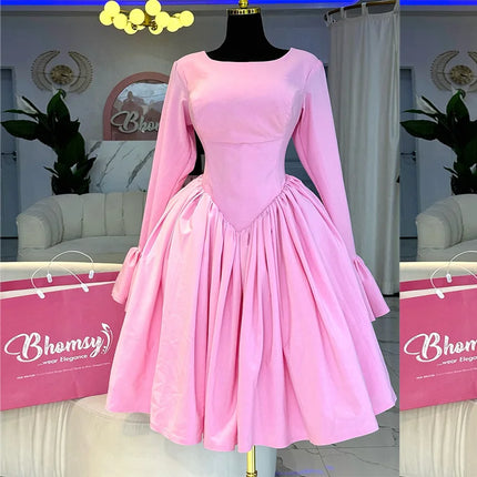 Mid Length Dress Women A Line Dresses Pleated Round Neck Casual Elegant Pink Party Vestidos High Waist Night Wedding Lace Up