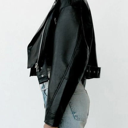 Ailegogo Spring Autumn Women Faux Pu Leather Short Jacket with Belt Motorcycle Biker Female Zipper Lapel Loose Coat Outwear