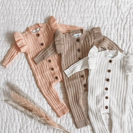 FOCUSNORM 0-18M Autumn Winter Baby Girls Boys Romper 3 Colors Solid Long Fly Sleeve Knitted Single Breasted Jumpsuit