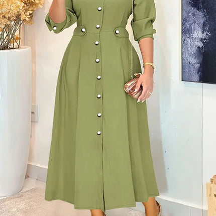 Women's Elegant Midi Dresses Plus Size Casual Mock Neck Long Sleeve Button Up A-Line Long Dress ZANZEA Autumn Woman Clothing 5XL