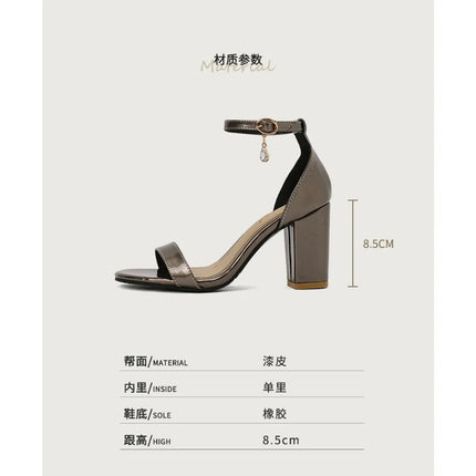 Women Ankle Strap Block Heel Sandals 8.5CM Patent Leather Shoes Big Size 32-48 Multicolor 7882